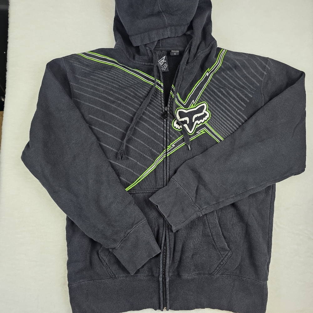 Fox Racing Full‎ Zip Hoodie Mens L Black Green Tracks Bike Sports Outdoor Moto